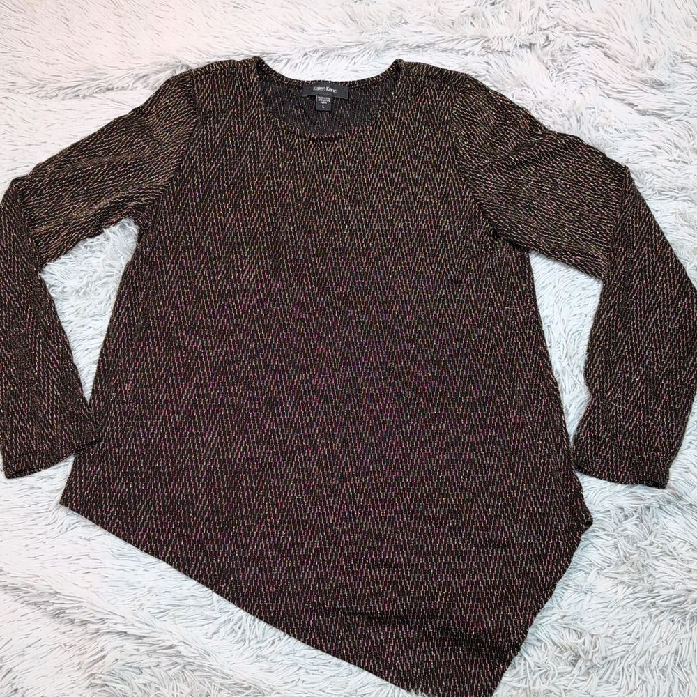 Vintage Karen Kane Shirt Womens L Black Gold Sparkly Blouse Evening Top Preppy
